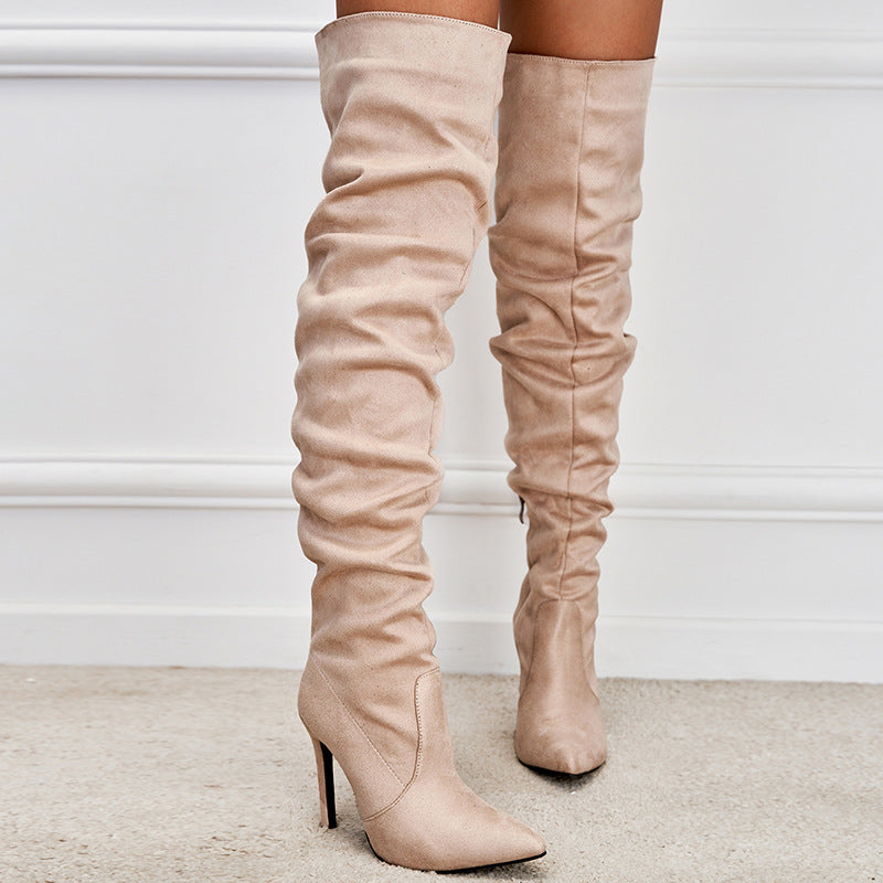 Suede Pointed-Toe Stiletto Boots with Side Zipper