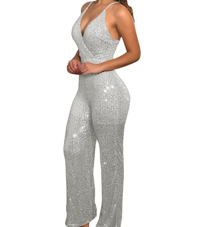 Sequined V-neck Jumpsuit With Spaghetti Straps