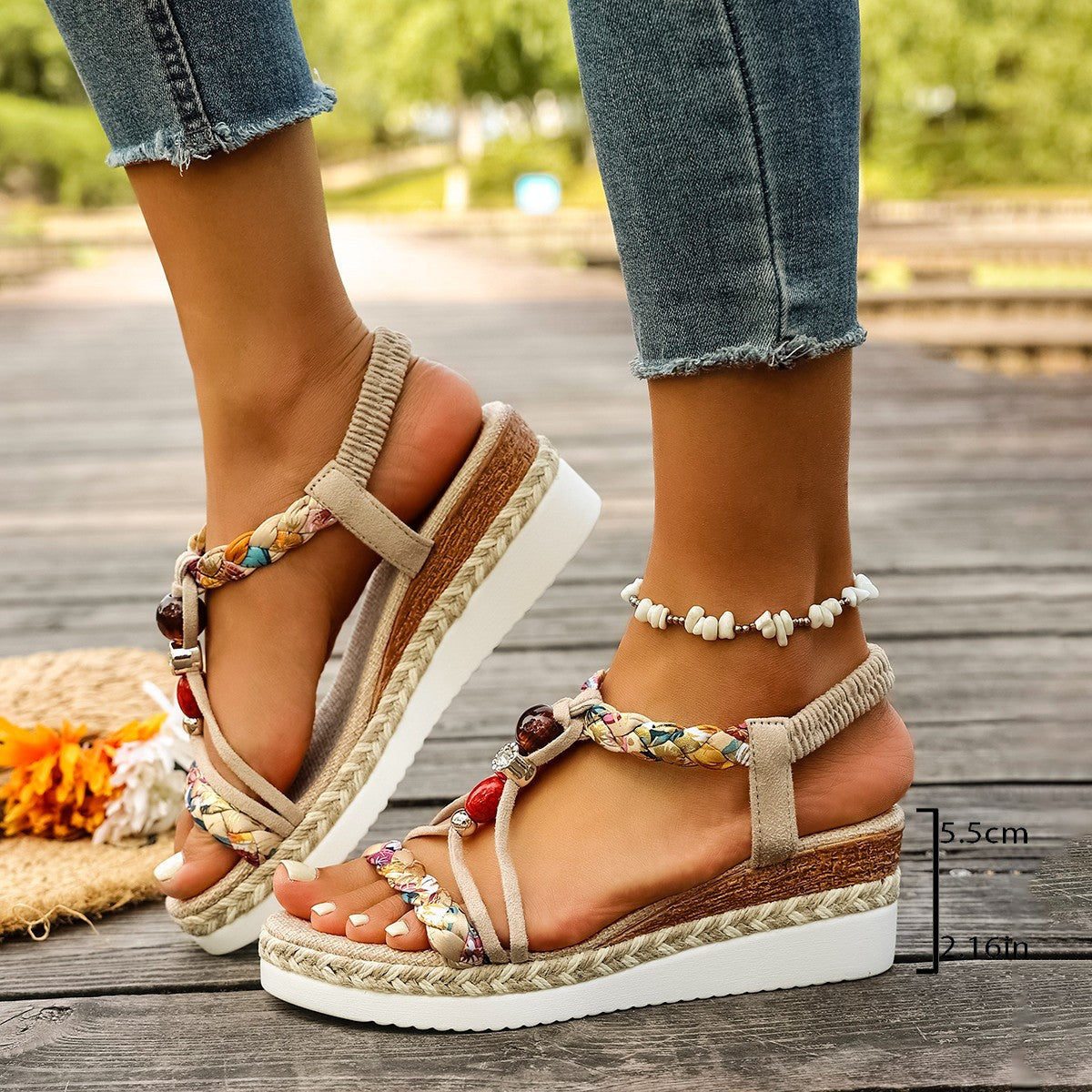 Beaded Casual Thick-Soled Wedge Sandals