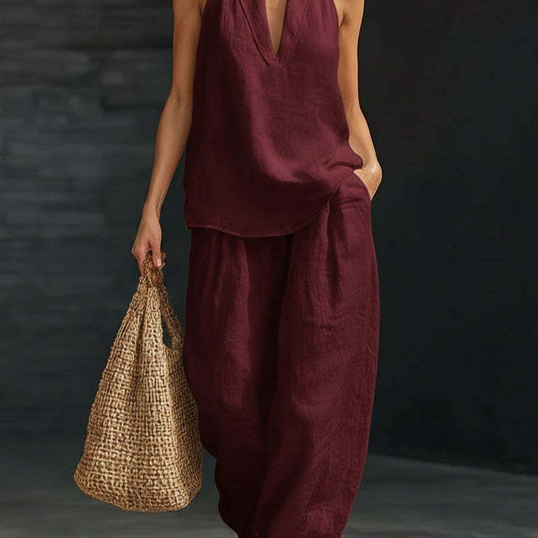 V-neck Halter Sleeveless Casual Women's Set