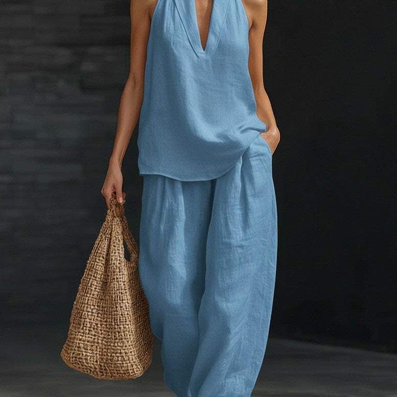 V-neck Halter Sleeveless Casual Women's Set