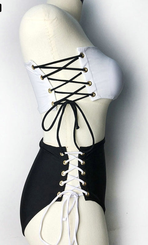 Black & White Off-Shoulder Two-Piece Lace-up Bikini