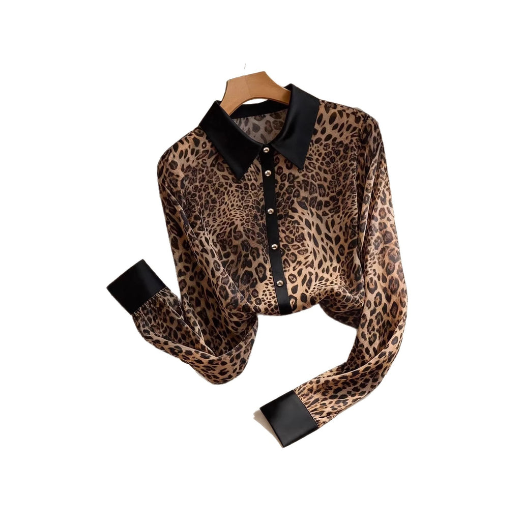 Leopard-Print Loose Button-Up Blouse