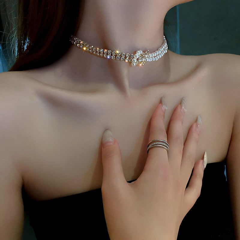 Women's Gold Multi-Layer Pearl & Rhinestone Choker Necklace