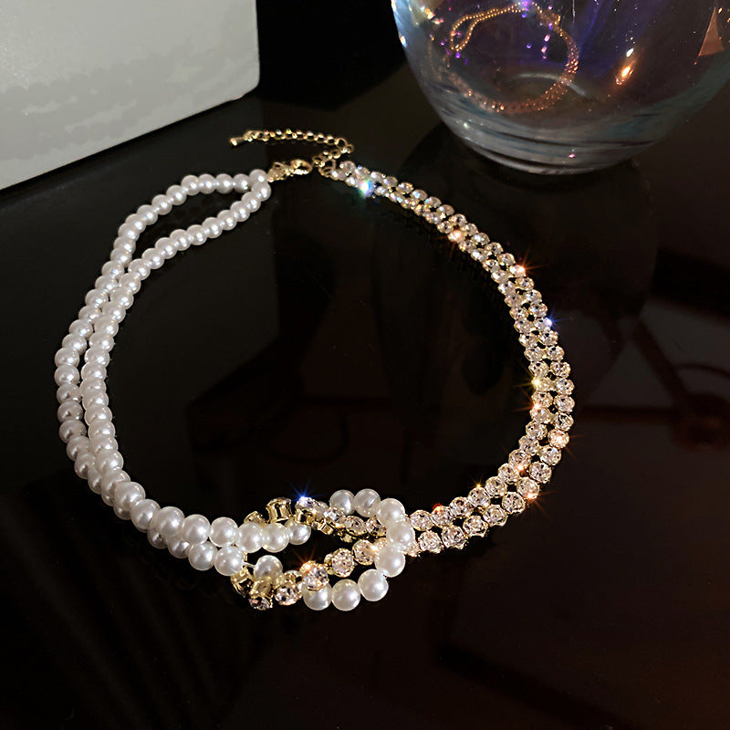 Women's Gold Multi-Layer Pearl & Rhinestone Choker Necklace