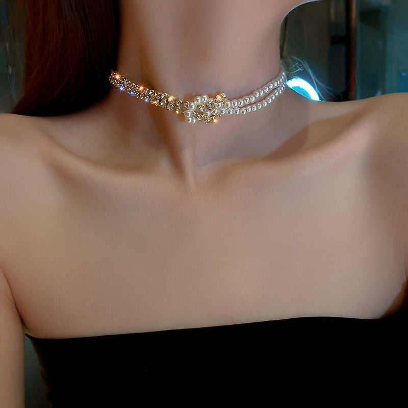 Women's Gold Multi-Layer Pearl & Rhinestone Choker Necklace