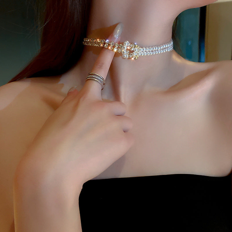 Women's Gold Multi-Layer Pearl & Rhinestone Choker Necklace