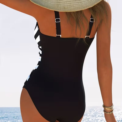 Black-and-white Striped V-neck One-piece