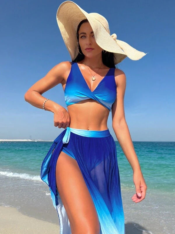 Blue Bikini Set with Wrap Skirt