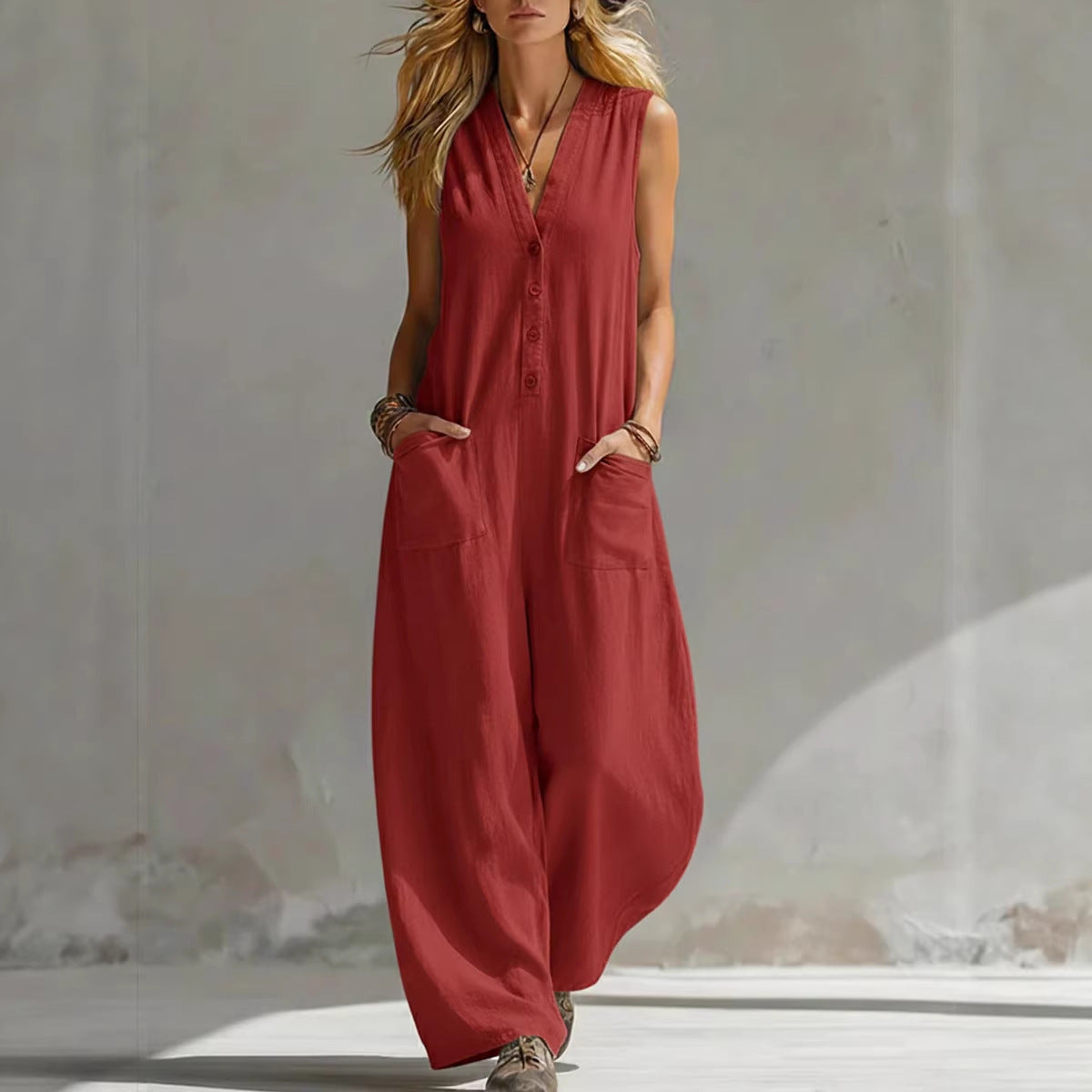 Relaxed Linen-Blend Sleeveless Jumpsuit
