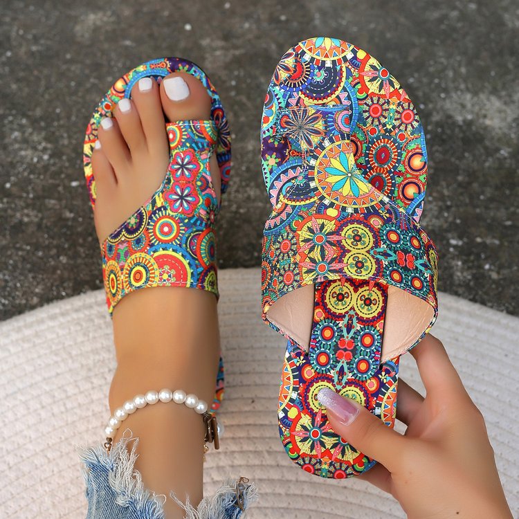 Roman Style Printed Toe-Strap Flat Sandal