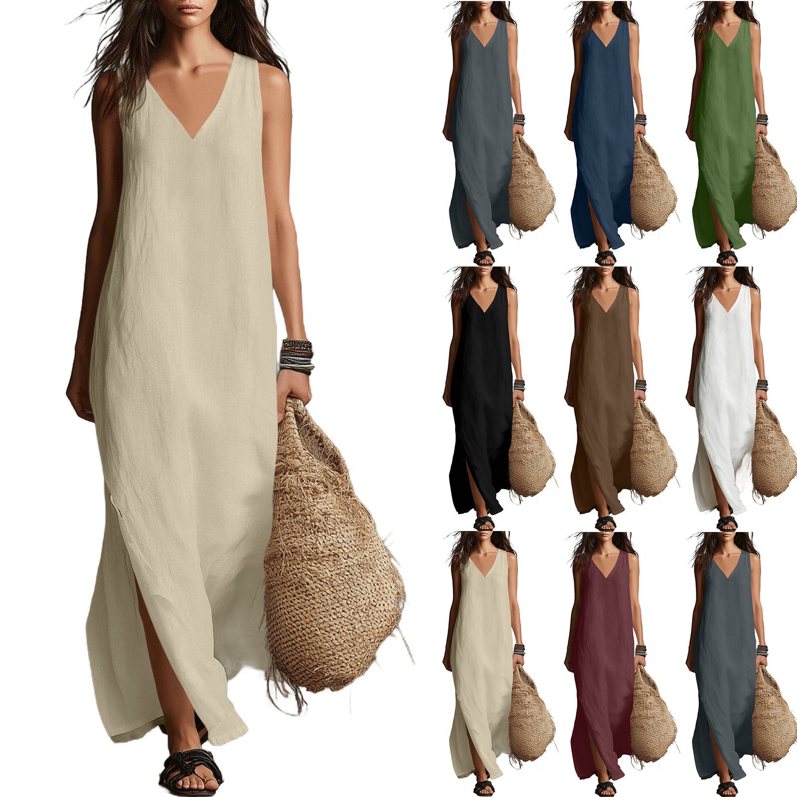 Sleeveless Cotton-Linen Long Dress