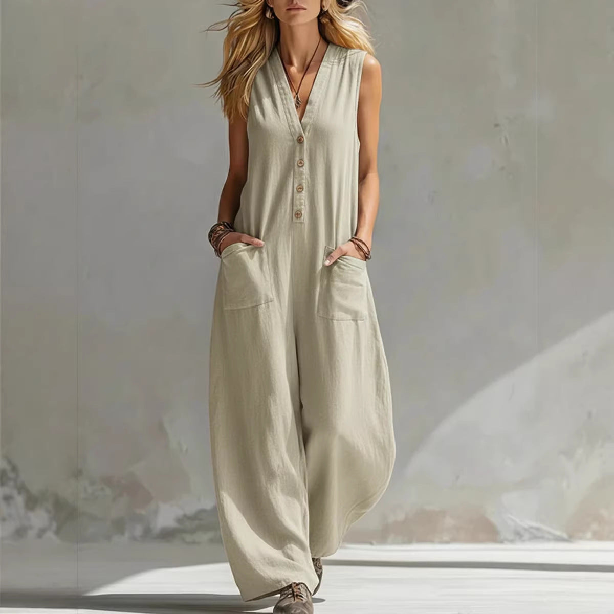 Relaxed Linen-Blend Sleeveless Jumpsuit
