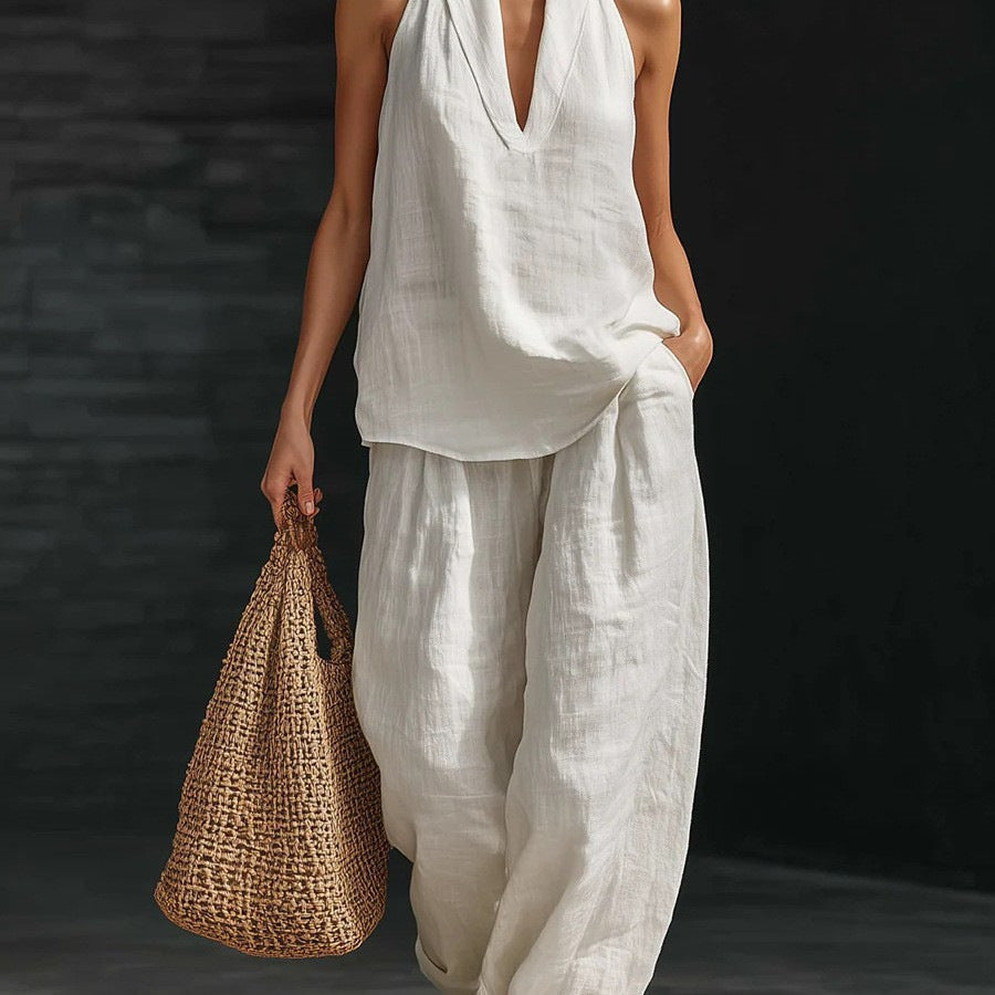 V-neck Halter Sleeveless Casual Women's Set