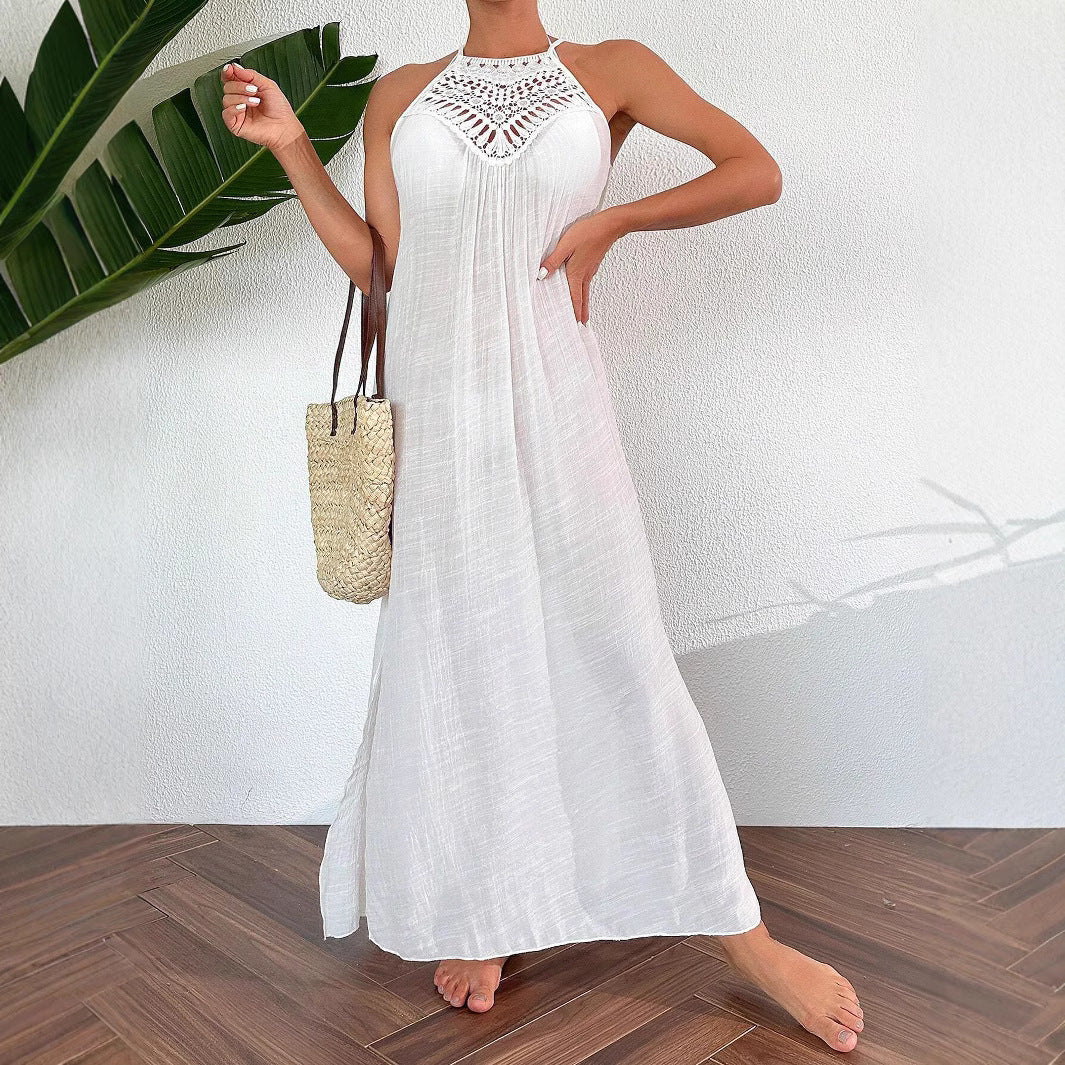 Hollow-Out Lace Halter-neck Long Dress