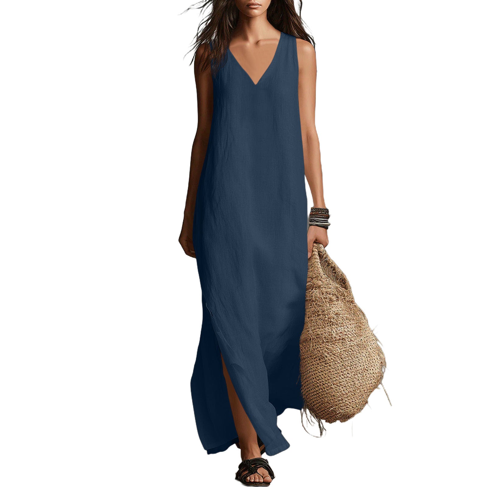 Sleeveless Cotton-Linen Long Dress