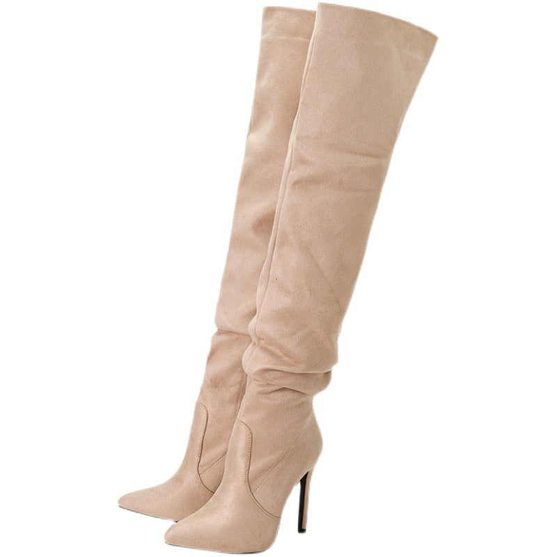 Suede Pointed-Toe Stiletto Boots with Side Zipper