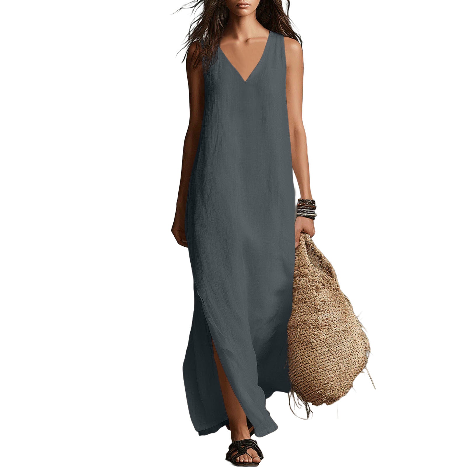 Sleeveless Cotton-Linen Long Dress