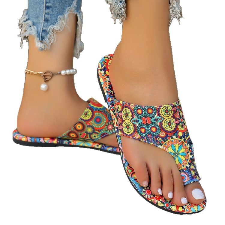 Roman Style Printed Toe-Strap Flat Sandal