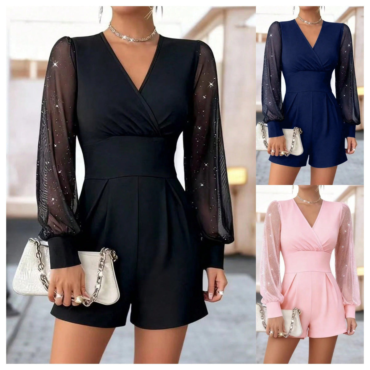 Mesh Panel Straight-Cut Shorts Jumpsuit