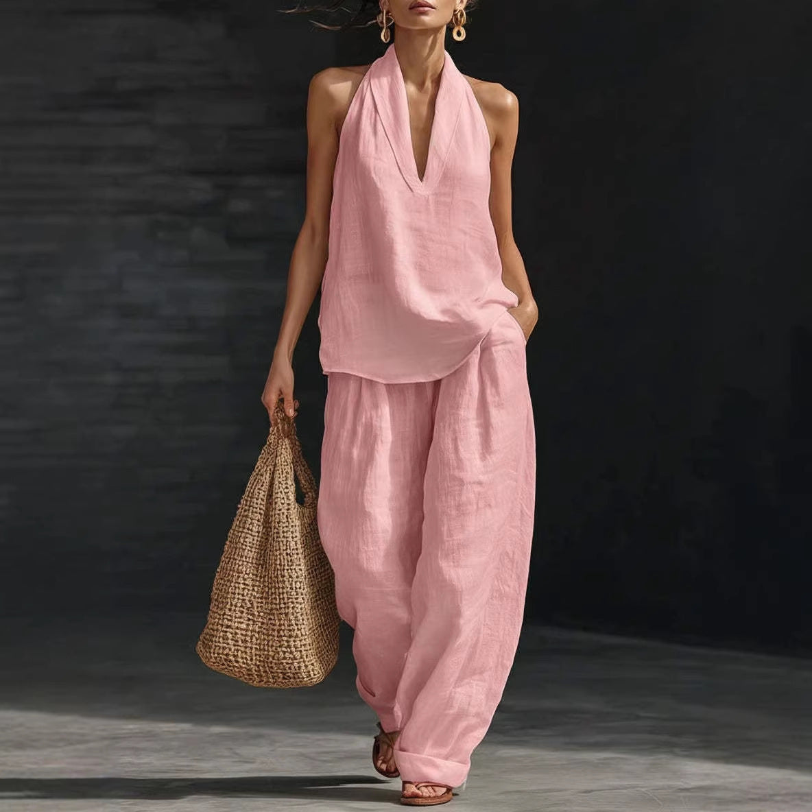V-neck Halter Sleeveless Casual Women's Set