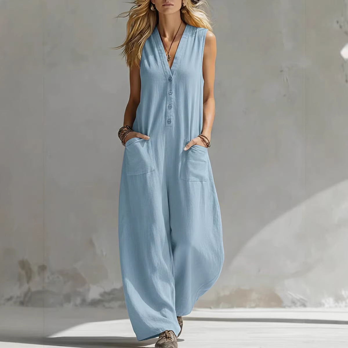 Relaxed Linen-Blend Sleeveless Jumpsuit