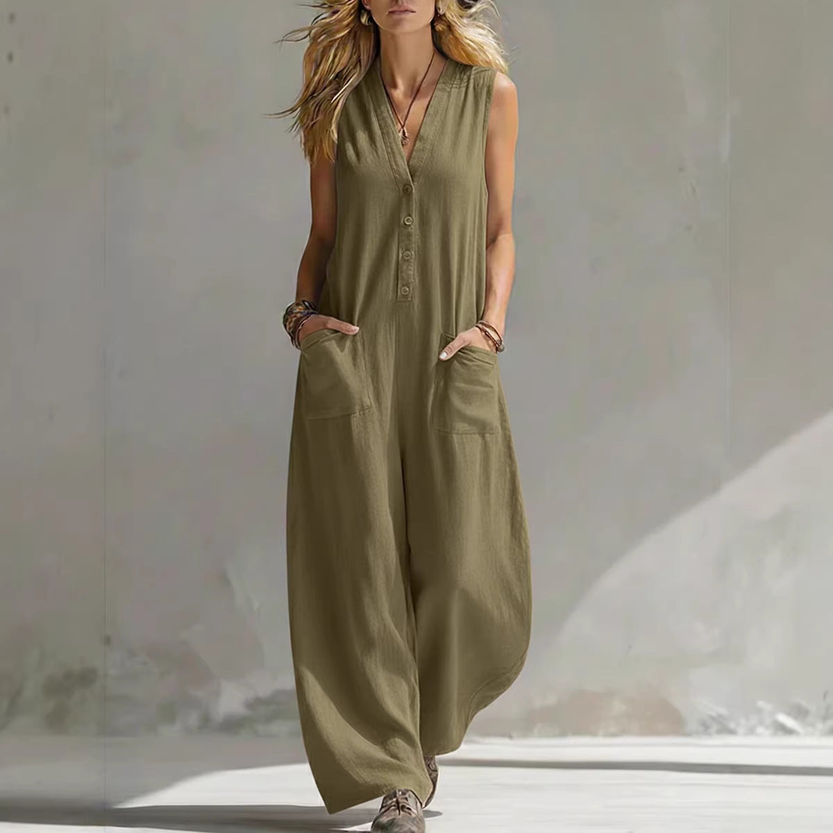 Relaxed Linen-Blend Sleeveless Jumpsuit