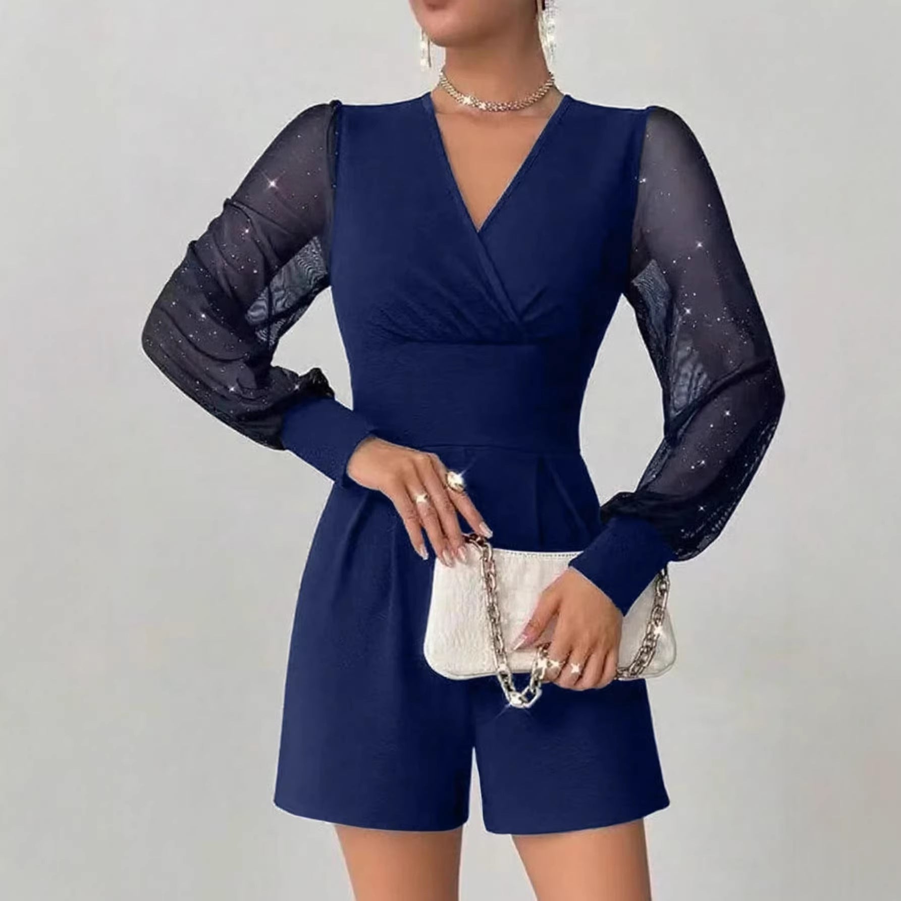 Mesh Panel Straight-Cut Shorts Jumpsuit