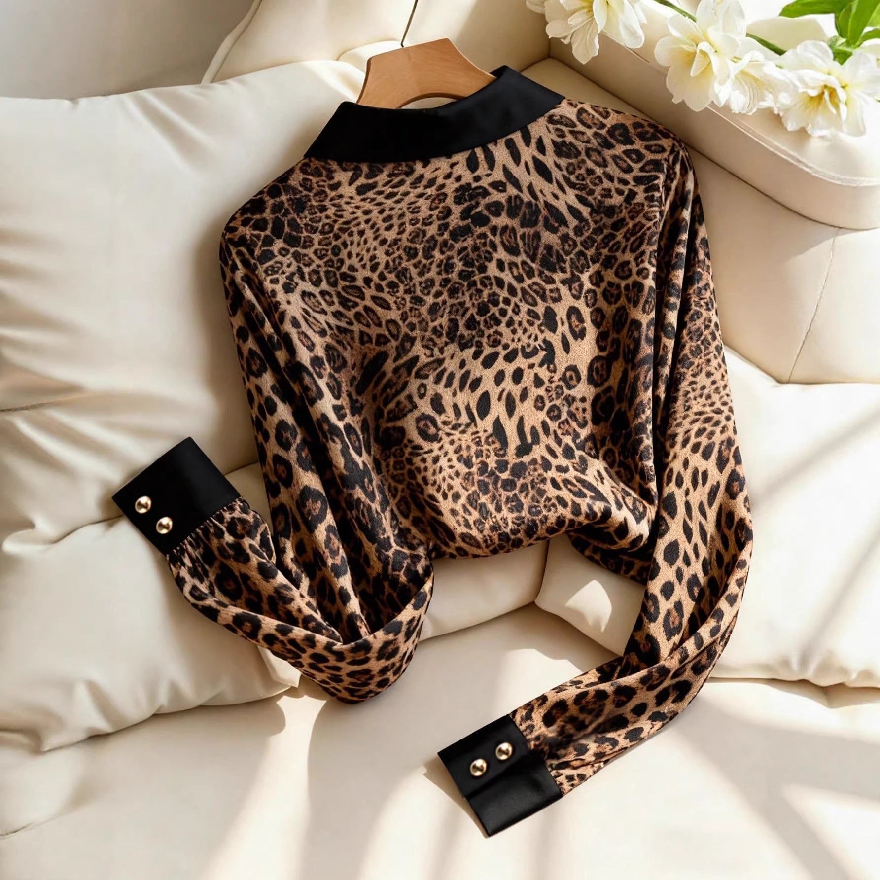 Leopard-Print Loose Button-Up Blouse