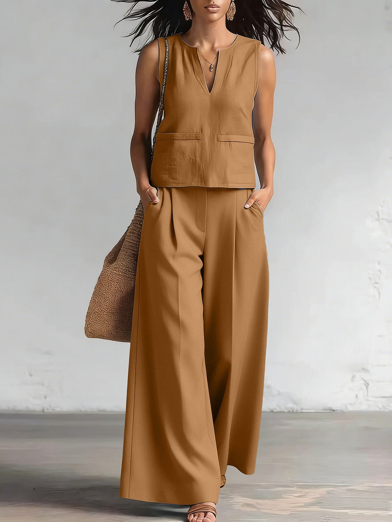 Vest And Wide-leg Pants Set