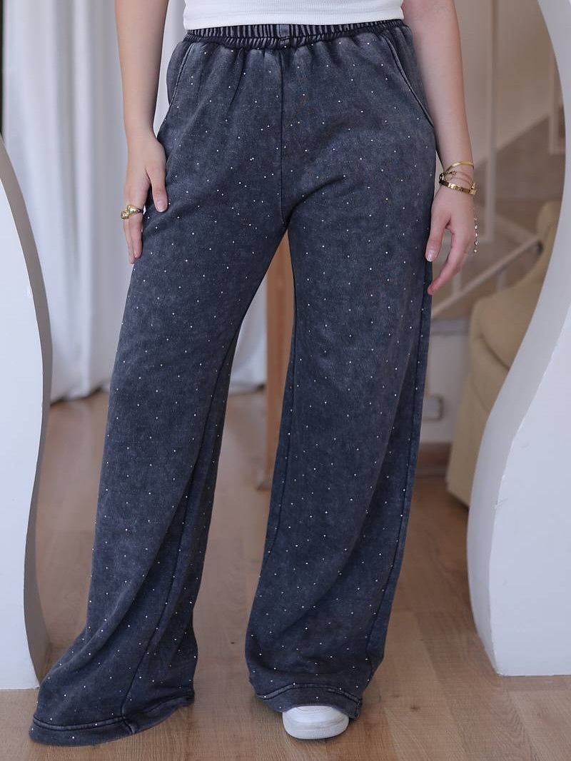 Rhinestone Wide-Leg Denim Pants
