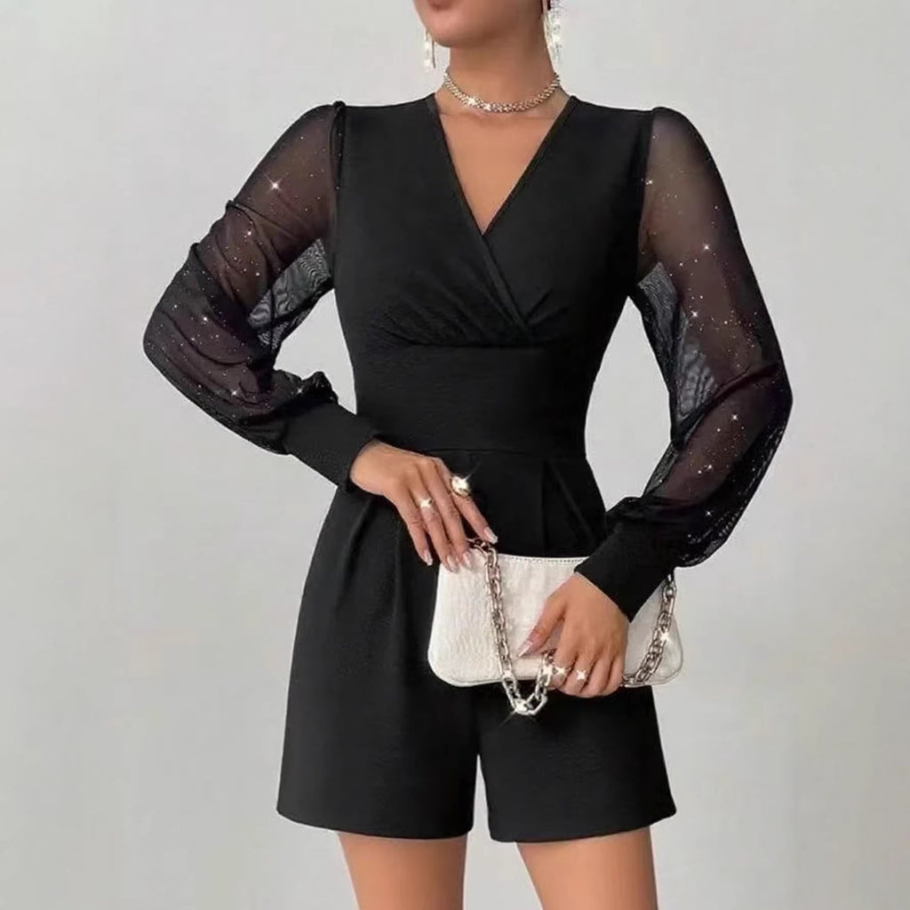 Mesh Panel Straight-Cut Shorts Jumpsuit