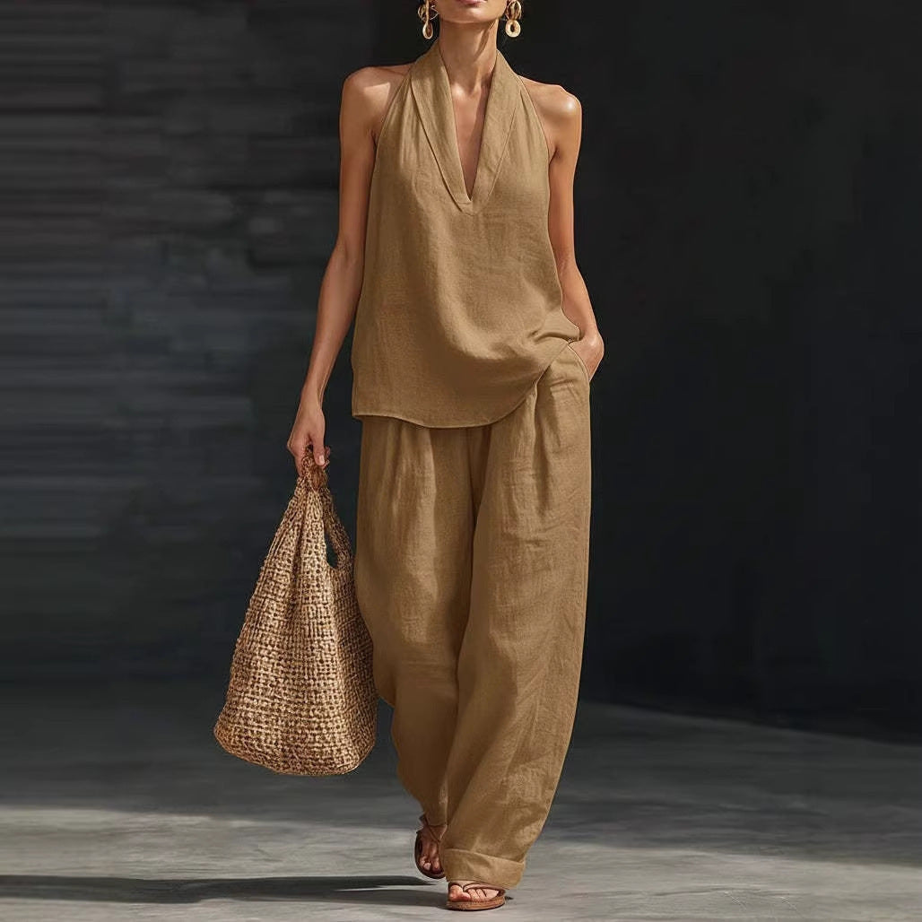 V-neck Halter Sleeveless Casual Women's Set