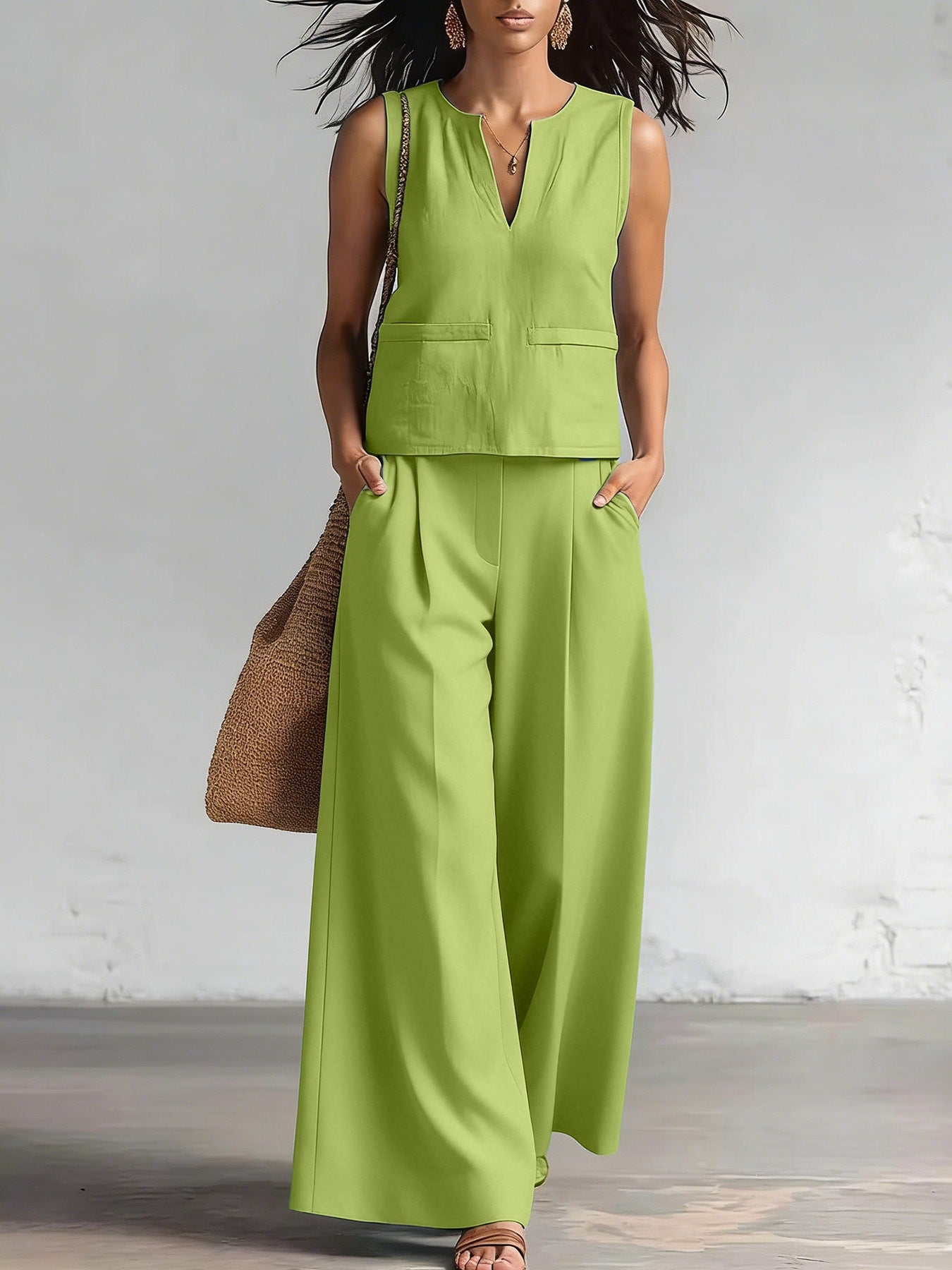 Vest And Wide-leg Pants Set