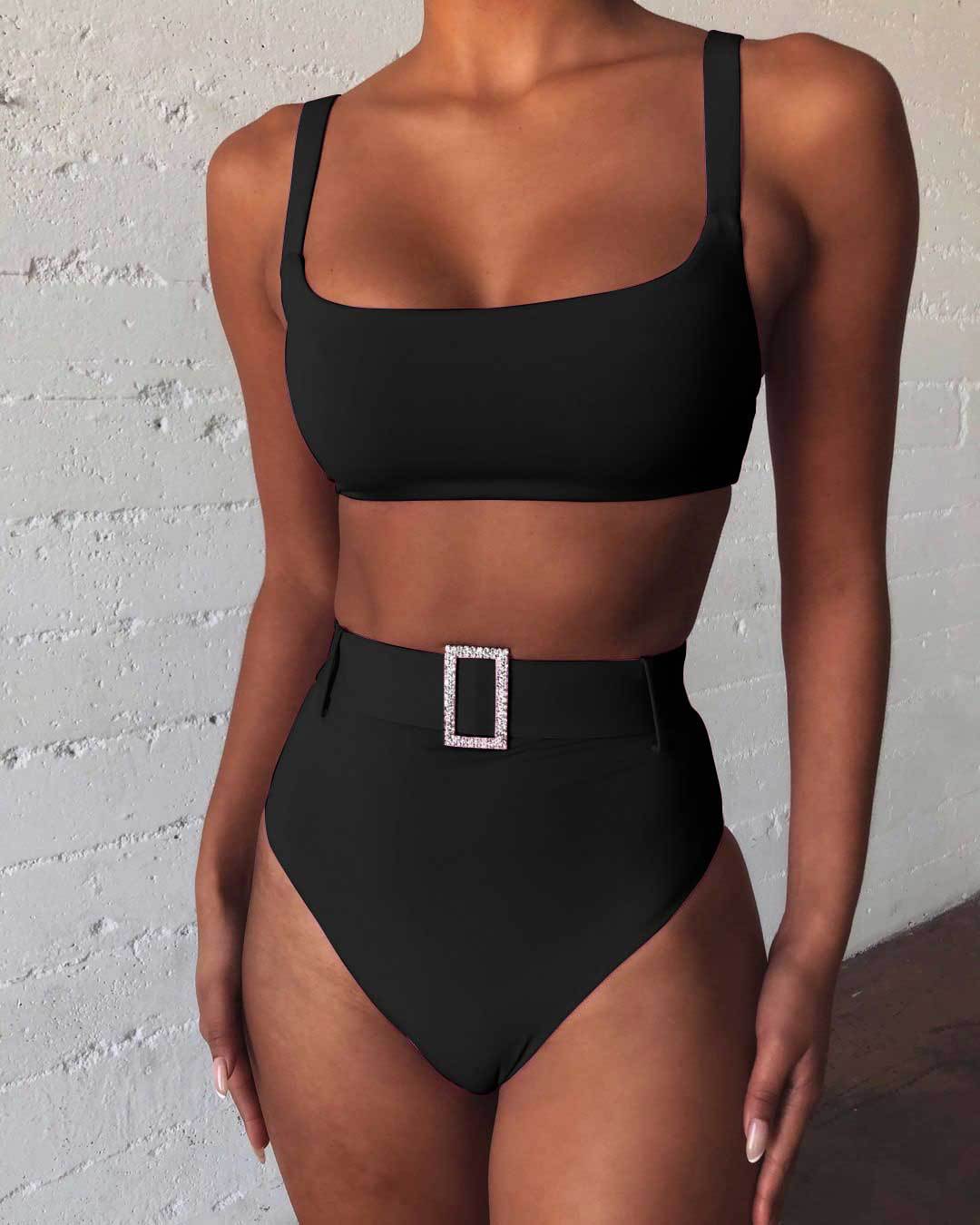 High-Waist Rhinestone Two-Piece Bikini Set