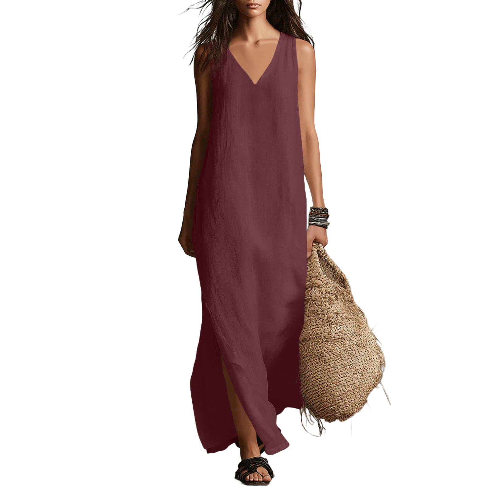 Sleeveless Cotton-Linen Long Dress