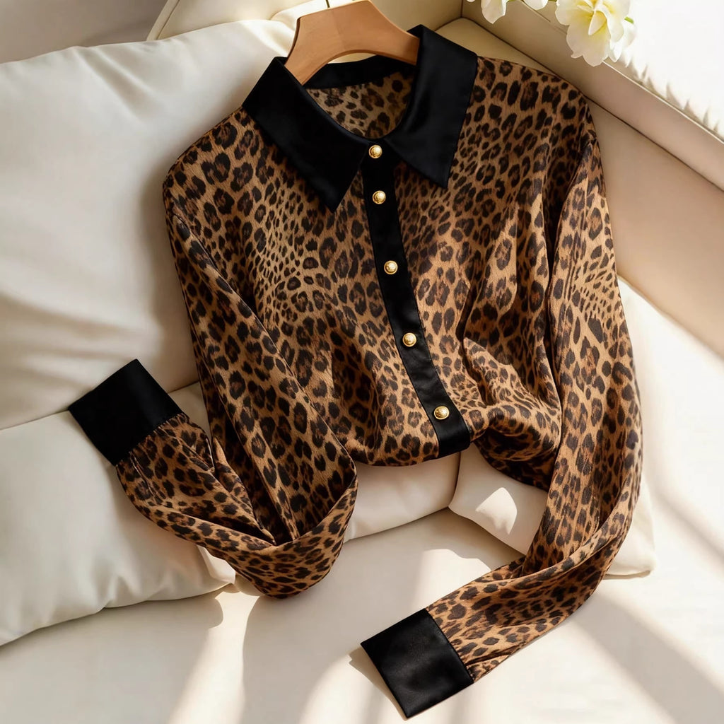 Leopard-Print Loose Button-Up Blouse