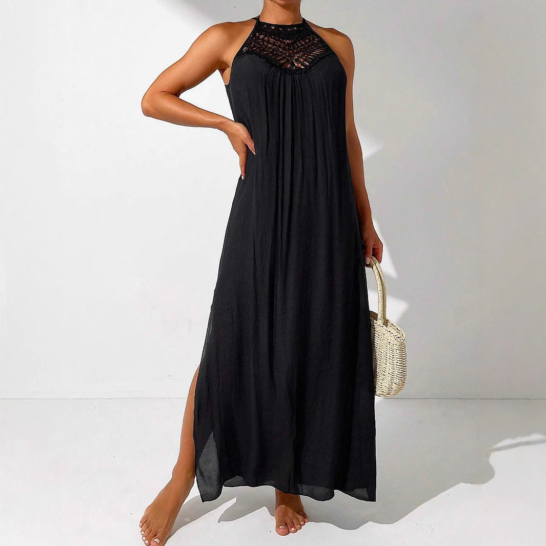 Hollow-Out Lace Halter-neck Long Dress