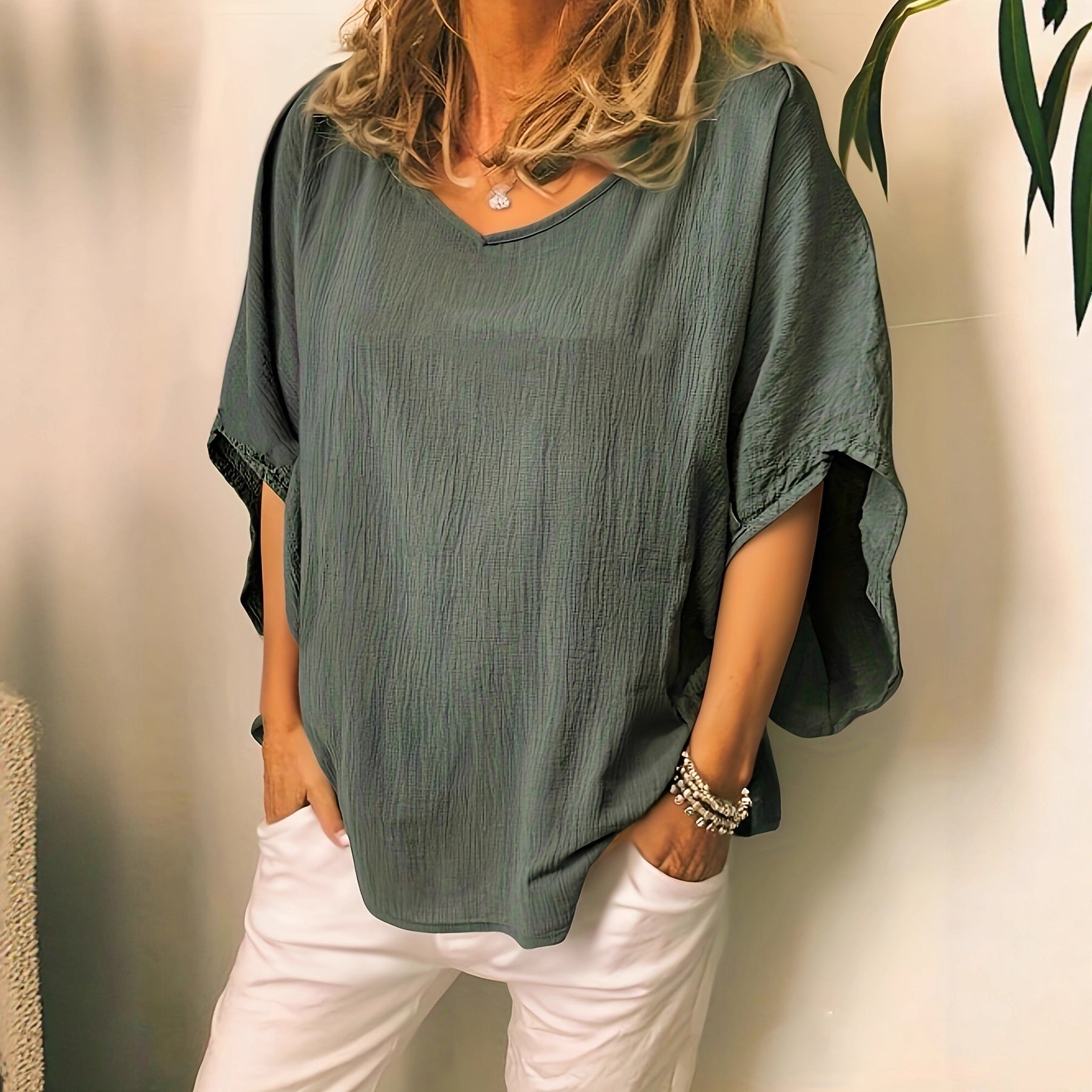 Batwing Cotton-Linen Blouse