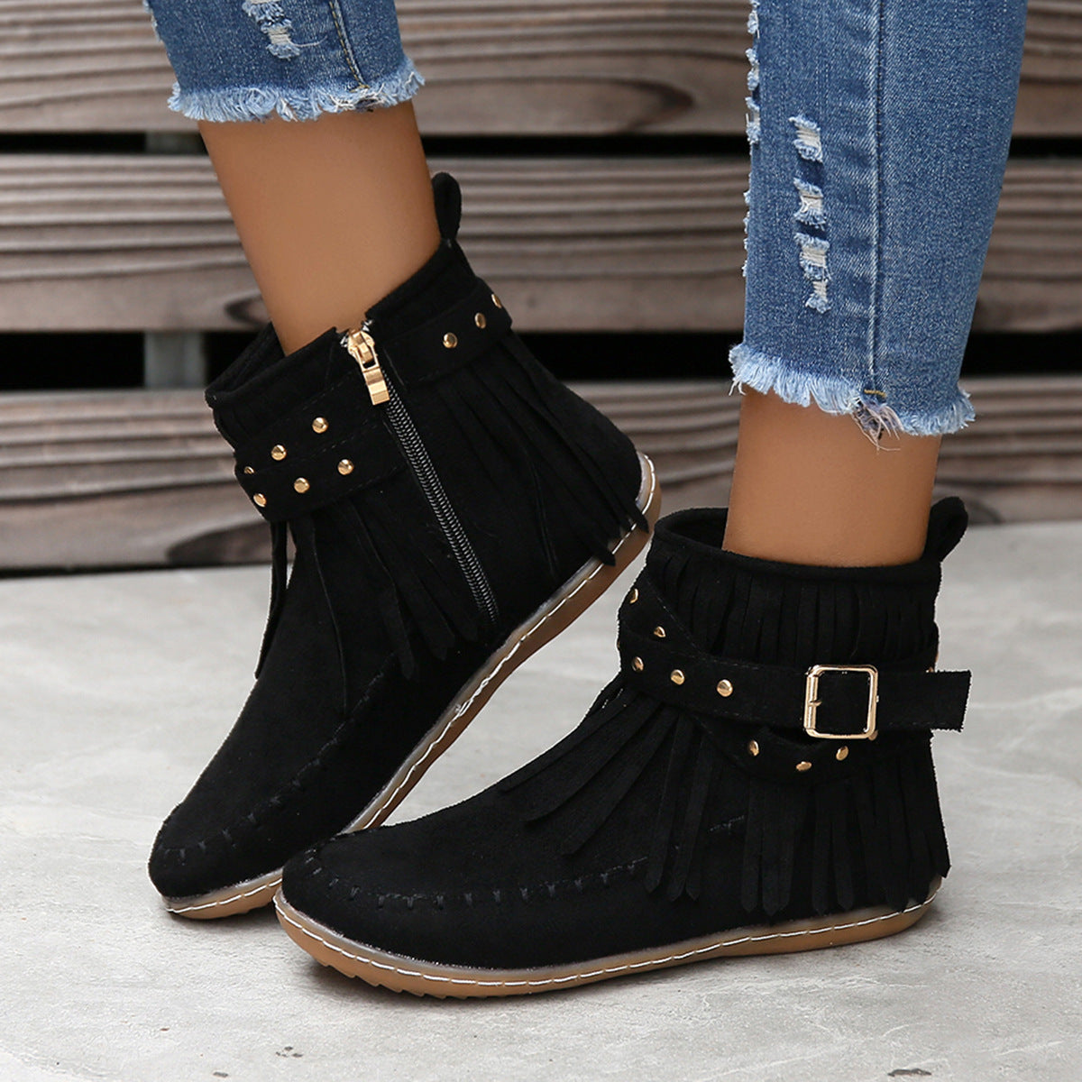Fleece-Lined Flat Sole Tassel Footwear