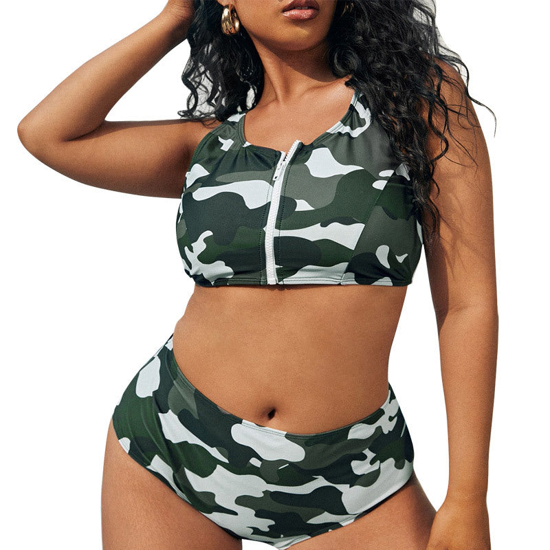 Camo Print Zip-Front Swimwear