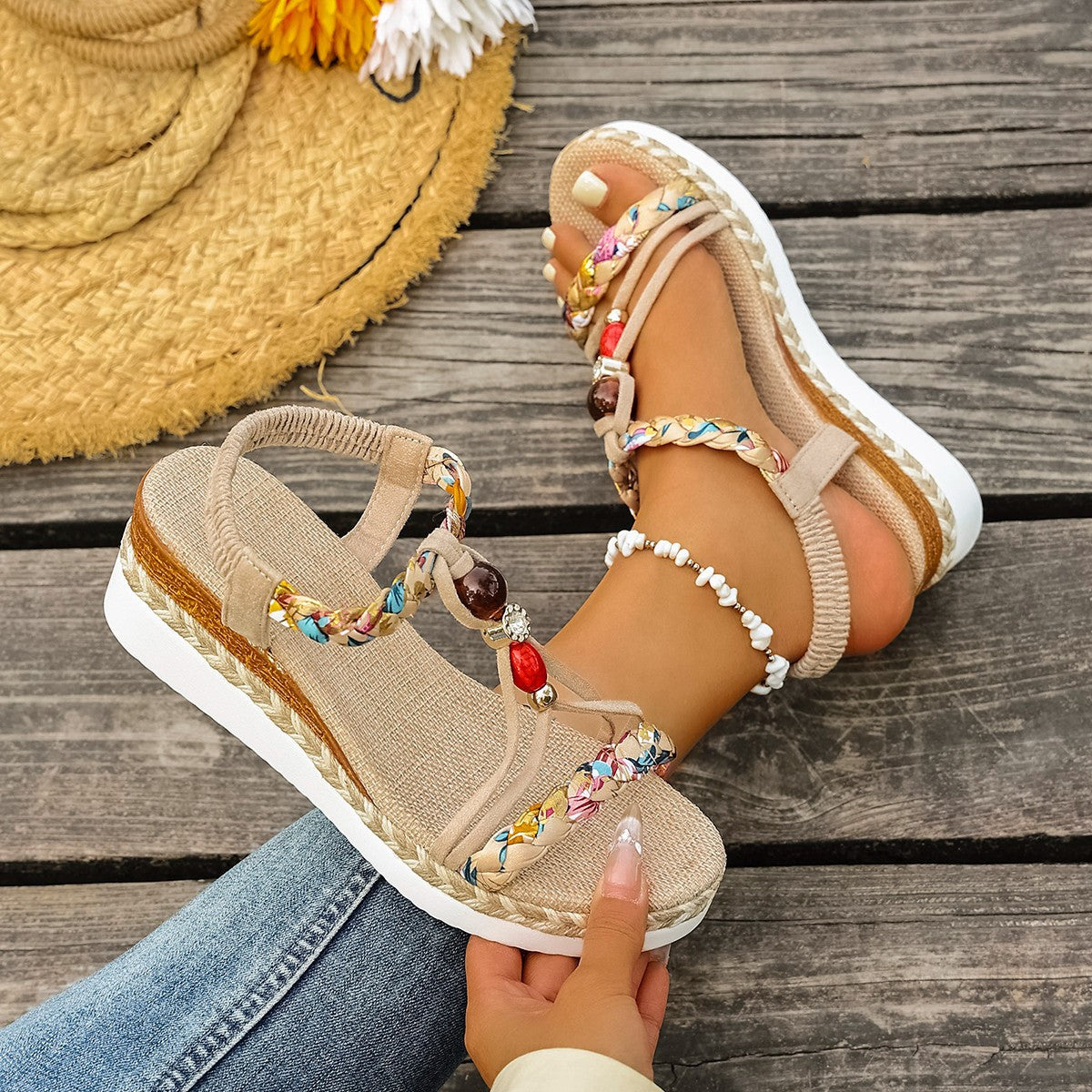 Beaded Casual Thick-Soled Wedge Sandals