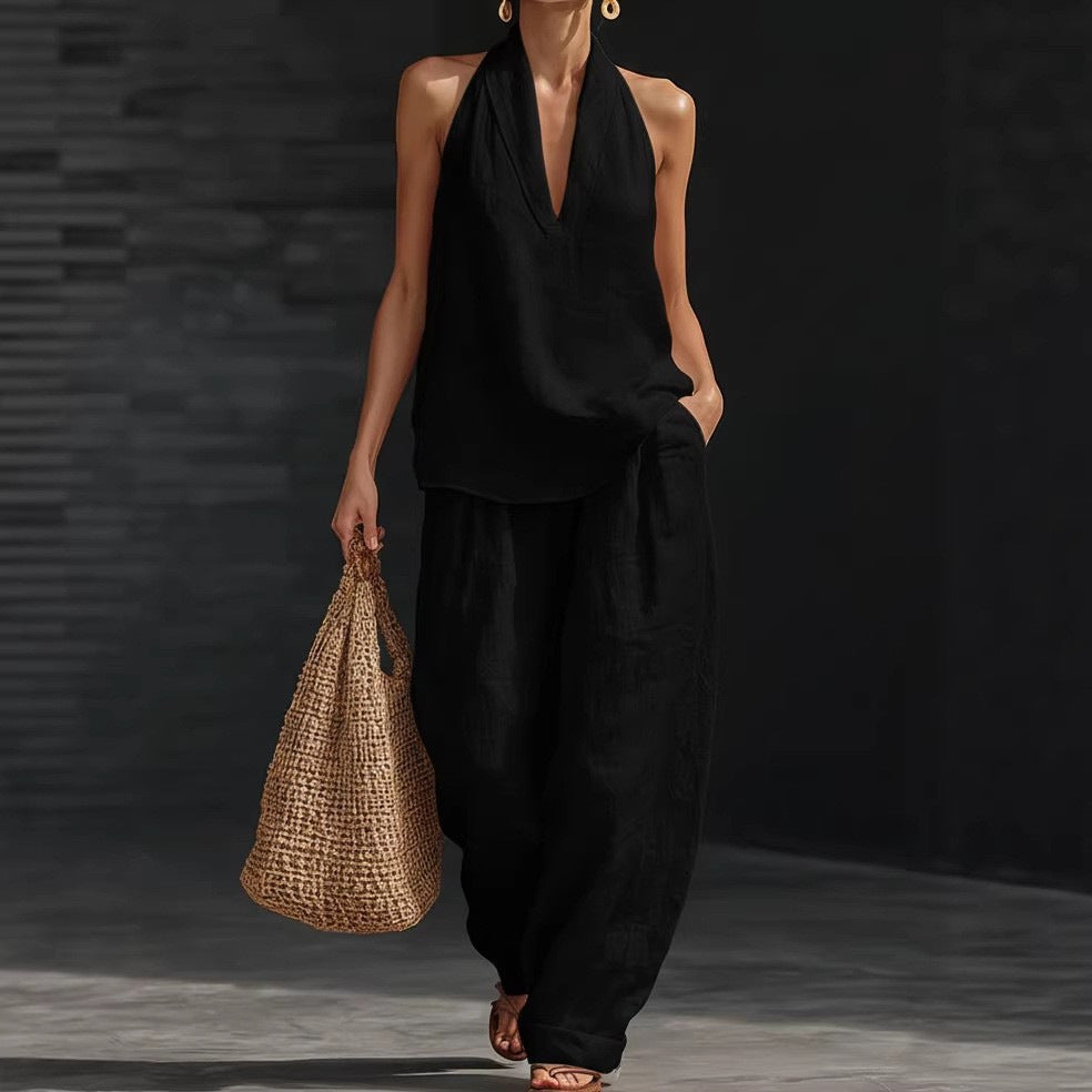 V-neck Halter Sleeveless Casual Women's Set