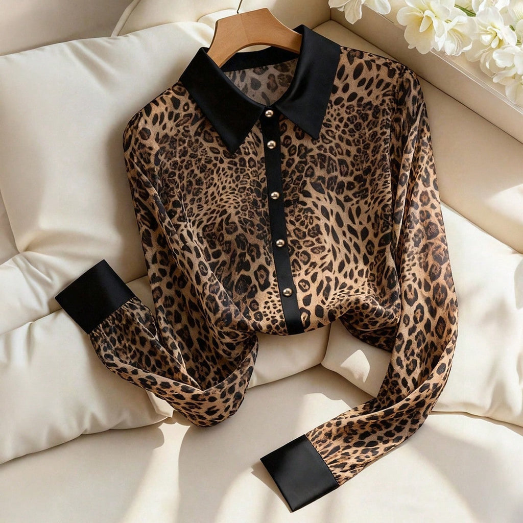 Leopard-Print Loose Button-Up Blouse