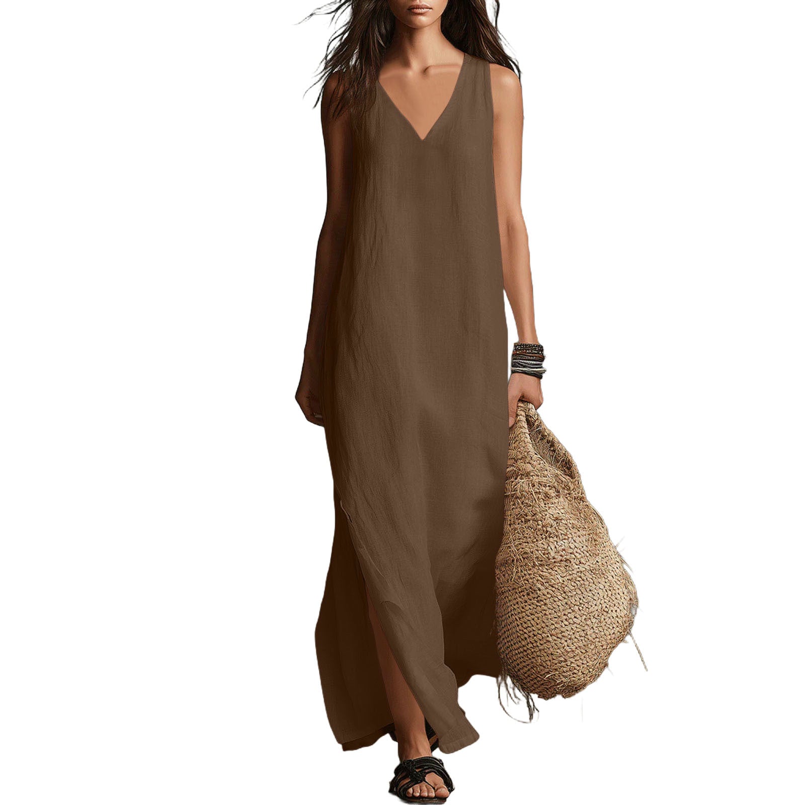 Sleeveless Cotton-Linen Long Dress