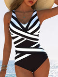 Black-and-white Striped V-neck One-piece