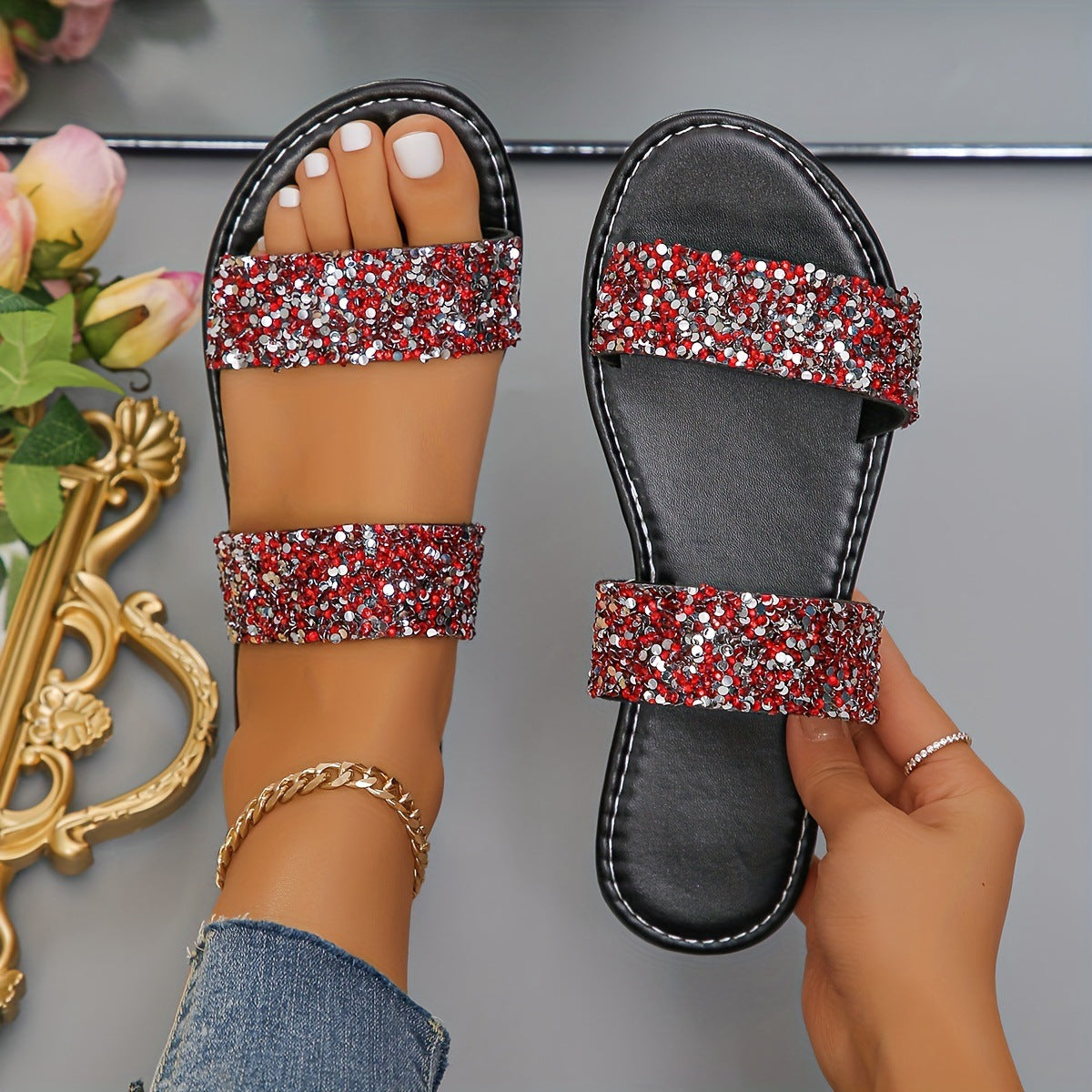 Rhinestone Double-Band Flat Slides