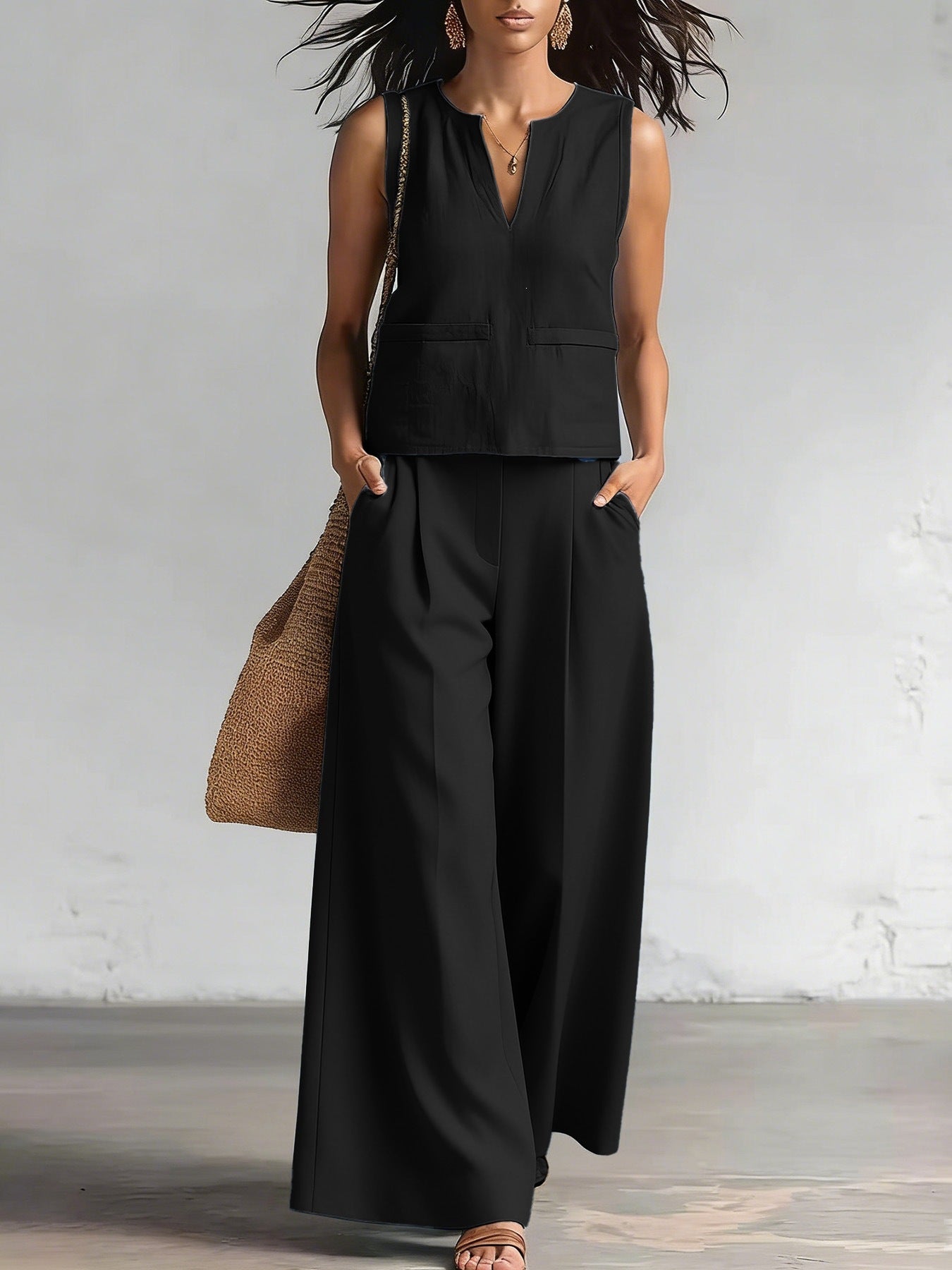 Vest And Wide-leg Pants Set