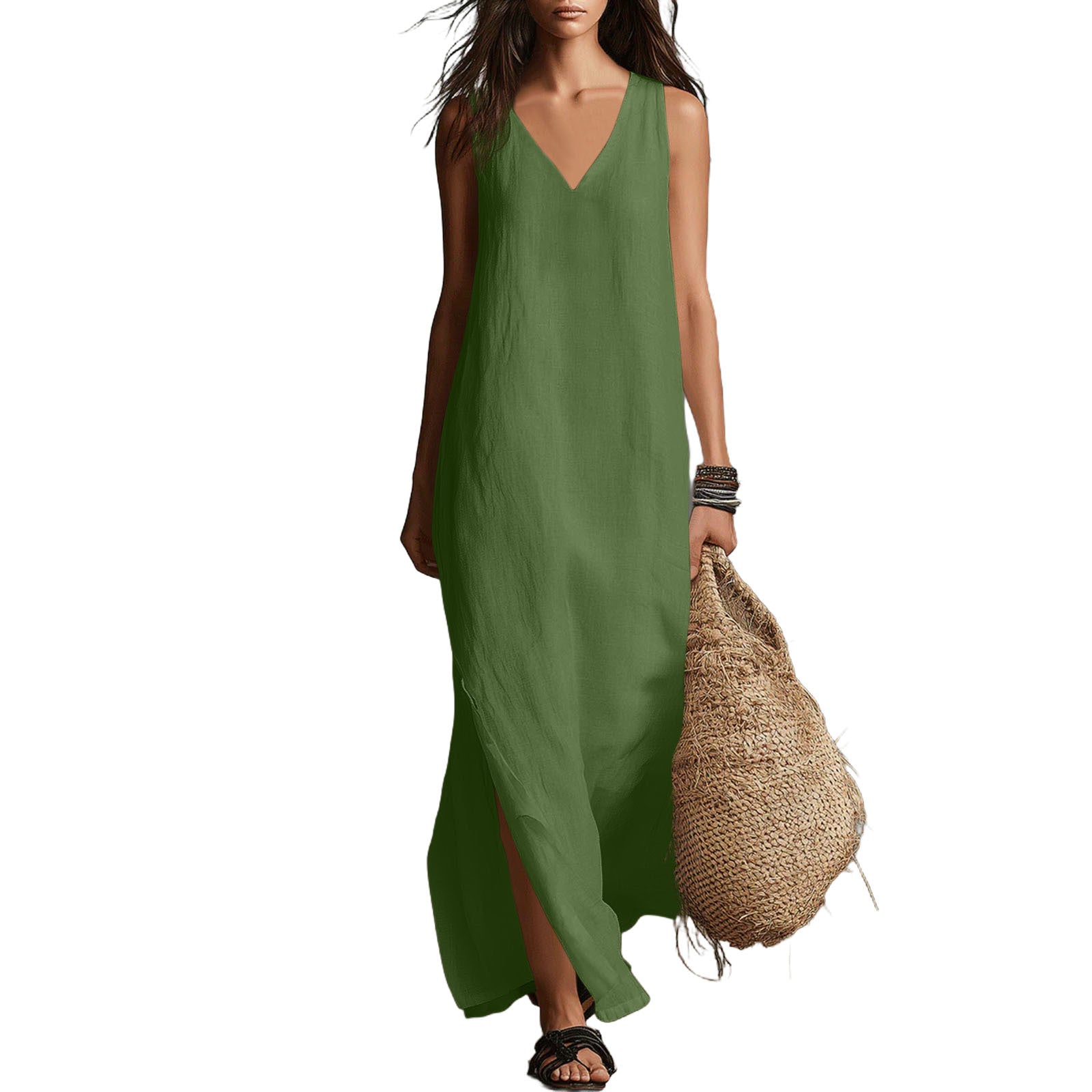 Sleeveless Cotton-Linen Long Dress
