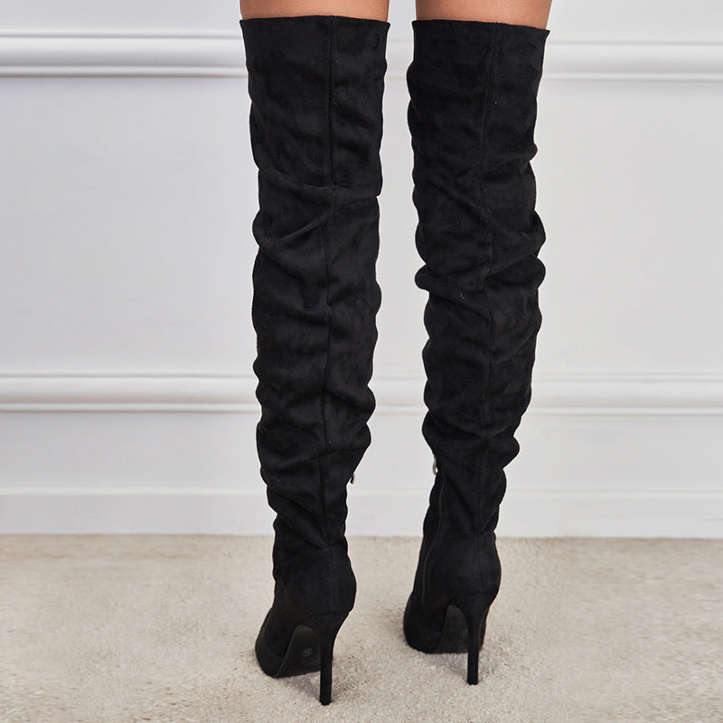 Suede Pointed-Toe Stiletto Boots with Side Zipper